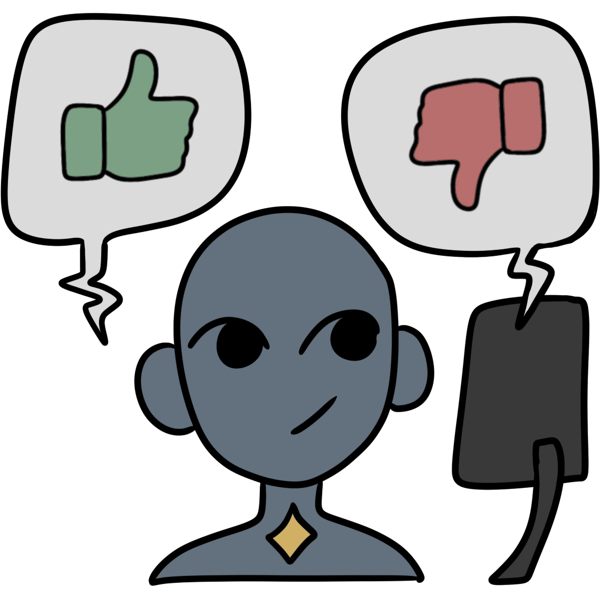 a half smiling blue figure shoulders up with a yellow sparkle on their chest gazes towards a dark gray rectangle. On their left is a speech bubble with a green thumbs up symbol. On their right is a speech bubble with a red thumbs down symbol.